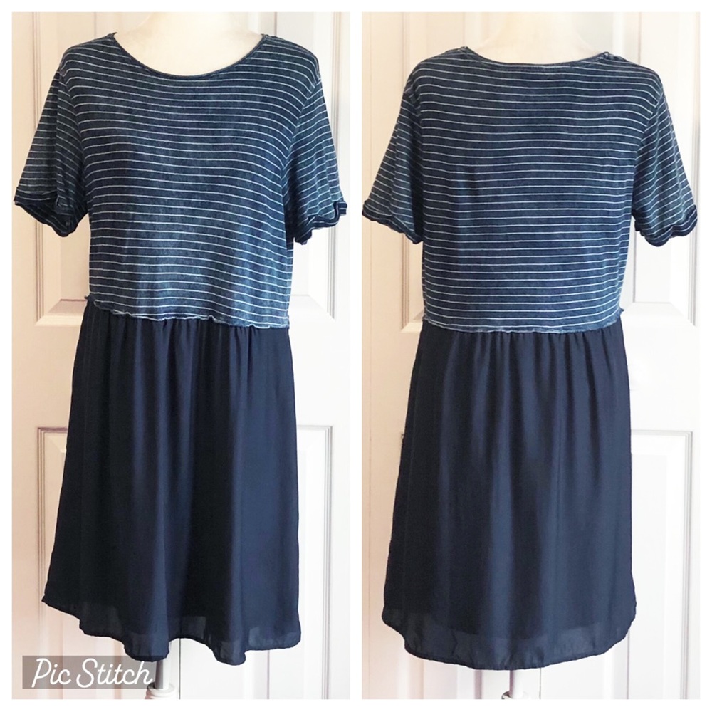Jane and Delancey Navy Blue Stripe Mixed Media Shift Dress Medium